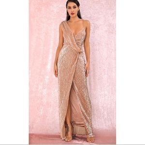 Rose Gold Sequin Chain Sleeveless Drape Cross Wrap Split Front Maxi Dress